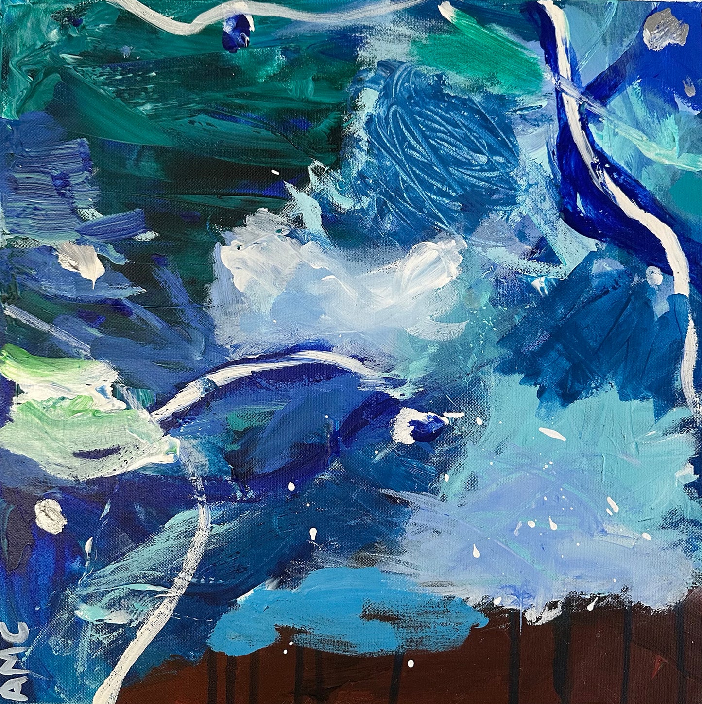 Blue, green and white abstract artwork. Abstract landscape. Seascape. Fairy Bower Sea. Manly beach. Interior design. On trend art. Home decor. Blue, green and white abstract artwork. Abstract landscape. Seascape. Fairy Bower Sea. Manly beach. Interior design. On trend art. Home decor. Detail of artwork. Silver paint. Blue. Navy. White. Aqua. green. turquoise. Aquamarine.