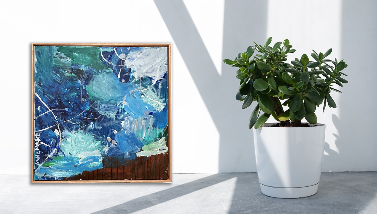 Blue, green, rust, brown and white abstract artwork. Abstract landscape. Seascape. Fairy Bower Sea. Manly beach. Interior design. On trend art. Home decor. Silver paint. Blue. Navy. White. Aqua. green. Aquamarine. Framed artwork with white pot plant