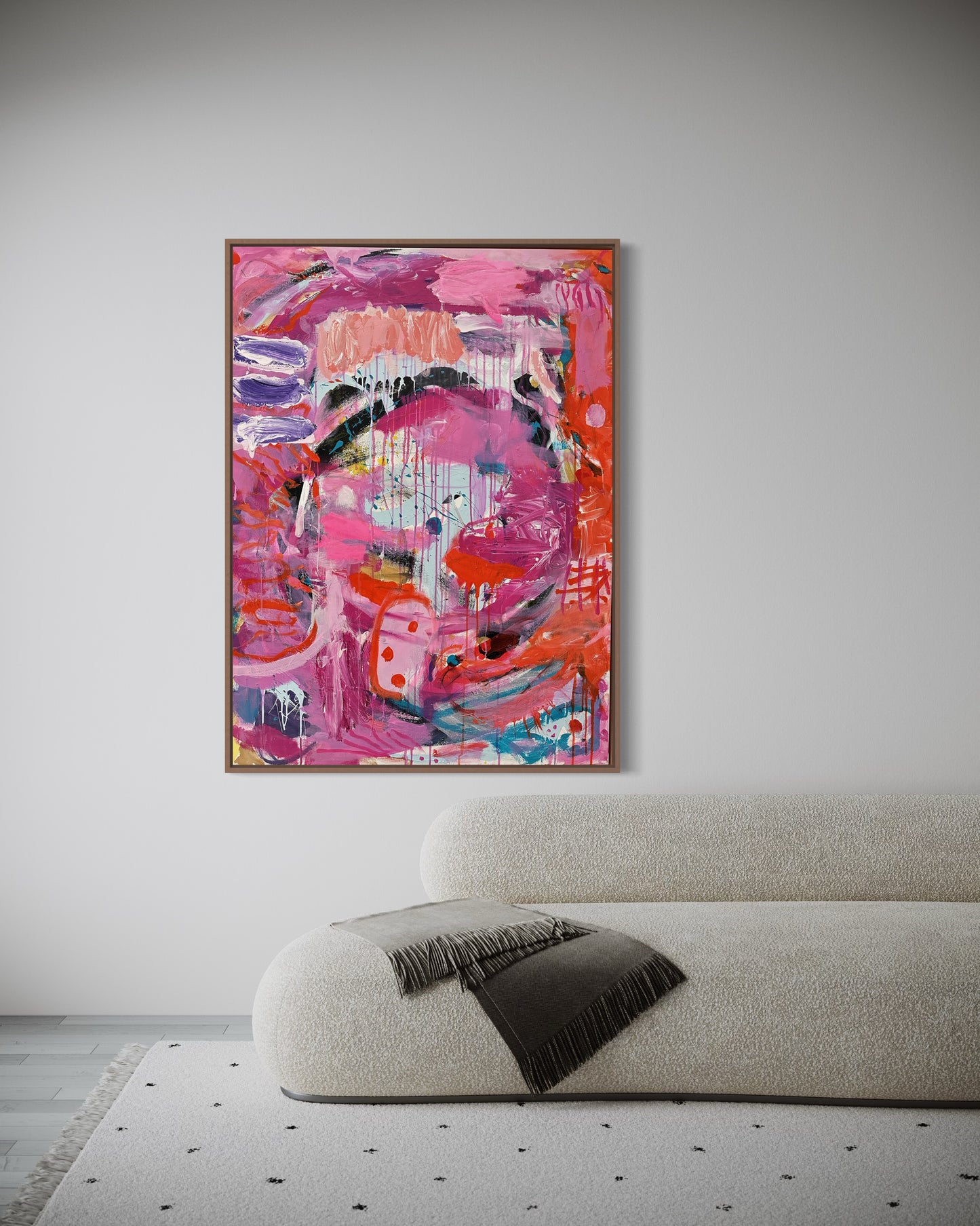 Mixed media art artists. Abstract art work. Pink art. Green, white, purple and black acyrlic paint. Abstract expressionist art. Abstract pink and orange painting. Large abstract artwork australia. Contemporary abstract art. Abstract wall art. Pink abstract artwork Australia. Multi coloured art.
