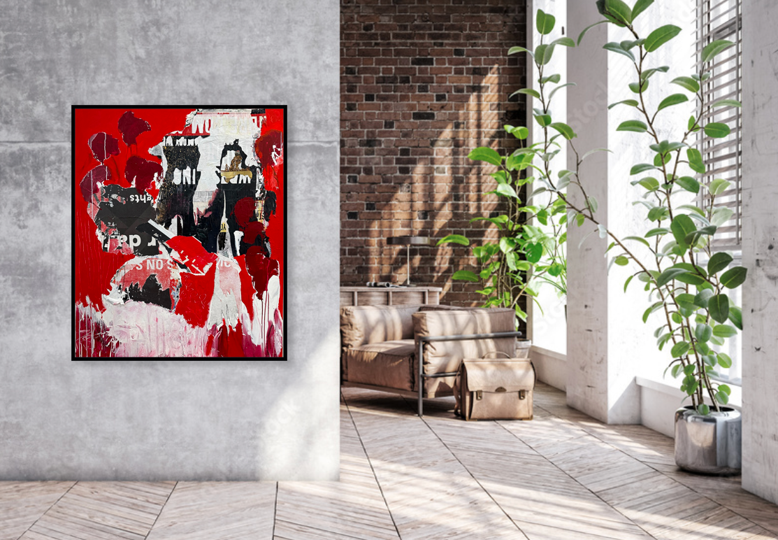 Modern artwork hanging in a warehouse lounge room. Home decor.