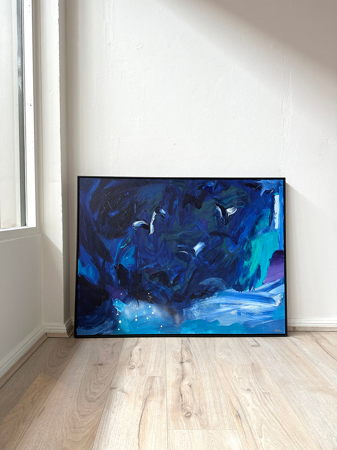 Abstract art. Seascape. Culburra beach. South Coast Australia. Australian Artist. Emerging artist. Modern abstract art in white studio with wooden floors. Artwork for home. In fashion art.