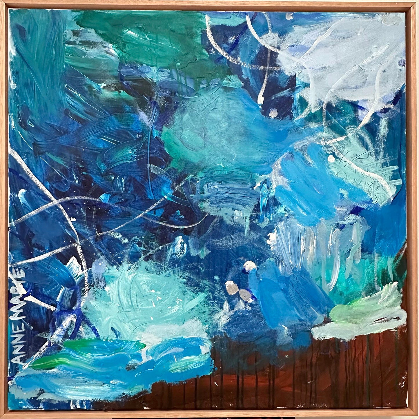 Blue, green, rust, brown and white abstract artwork. Abstract landscape. Seascape. Fairy Bower Sea. Manly beach. Interior design. On trend art. Home decor. Silver paint. Blue. Navy. White. Aqua. green. Aquamarine. Framed artwork. Ready to hang.