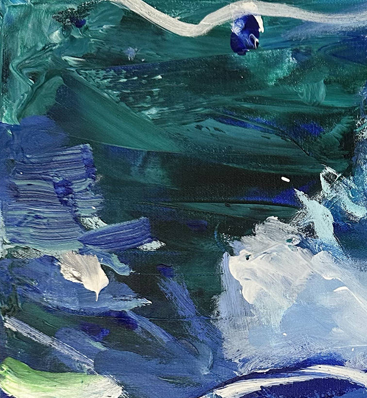 Blue, green and white abstract artwork. Abstract landscape. Seascape. Fairy Bower Sea. Manly beach. Interior design. On trend art. Home decor. Detail of artwork. 