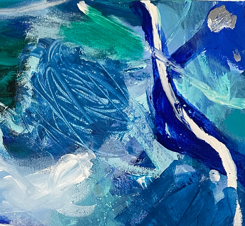 Blue, green and white abstract artwork. Abstract landscape. Seascape. Fairy Bower Sea. Manly beach. Interior design. On trend art. Home decor. Detail of artwork.  Silver paint. Blue. Navy. White. Aqua. green. turquiose. Aquamarine.