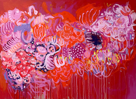 Abstract art work in bright red, pink and orange. Abstract flowers. Bright coloured artwork. Home decor