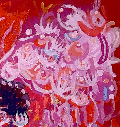 Detail of Abstract art work in bright red, pink and orange. Abstract flowers. Bright coloured artwork. Home decor