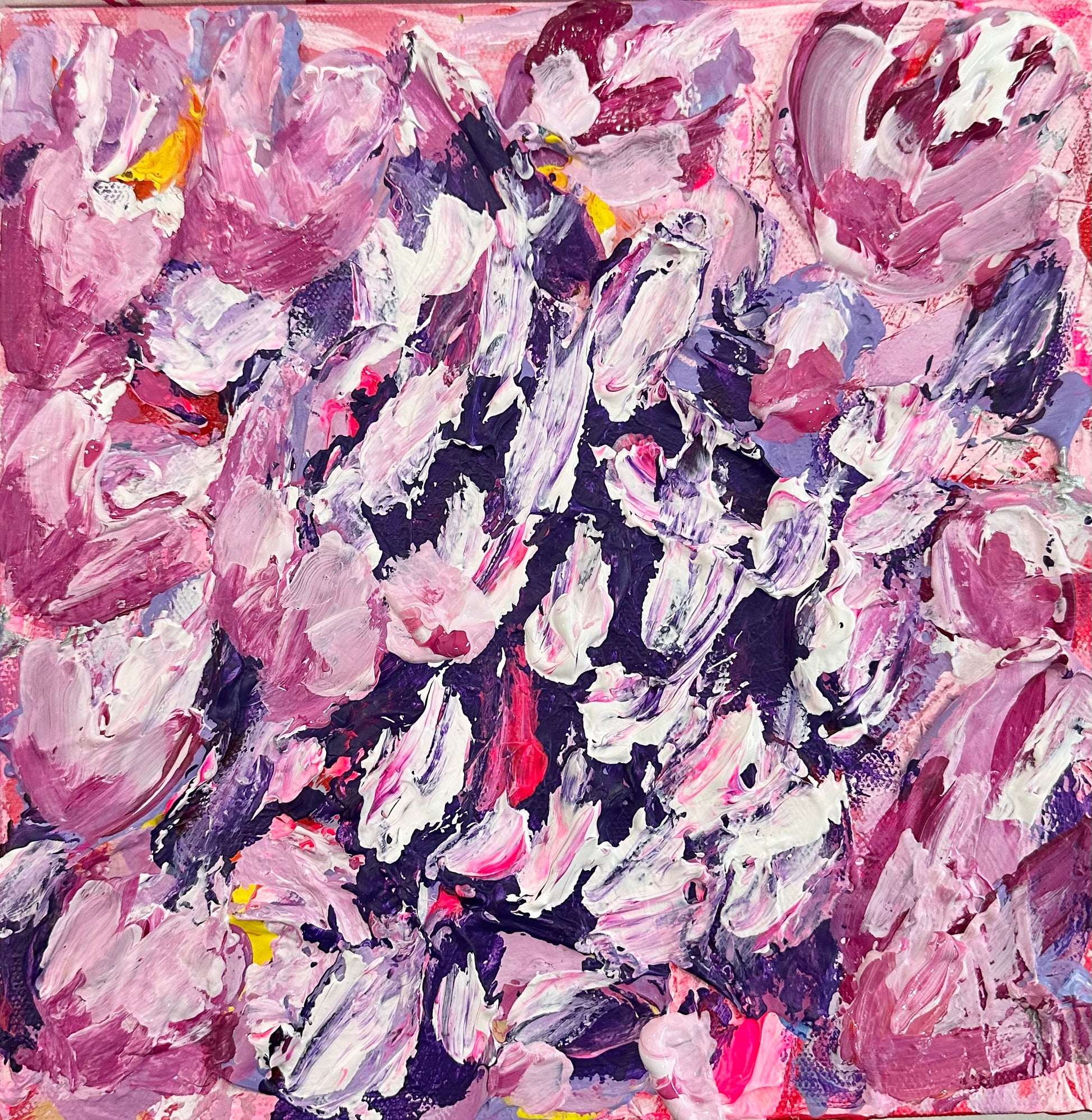 Floral abstract artwork. Pink. Purple. Pale pink. Yellow. 