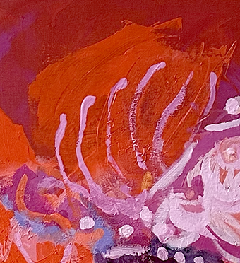 Detail of Abstract art work in bright red, pink and orange. Abstract flowers. Bright coloured artwork. Home decor