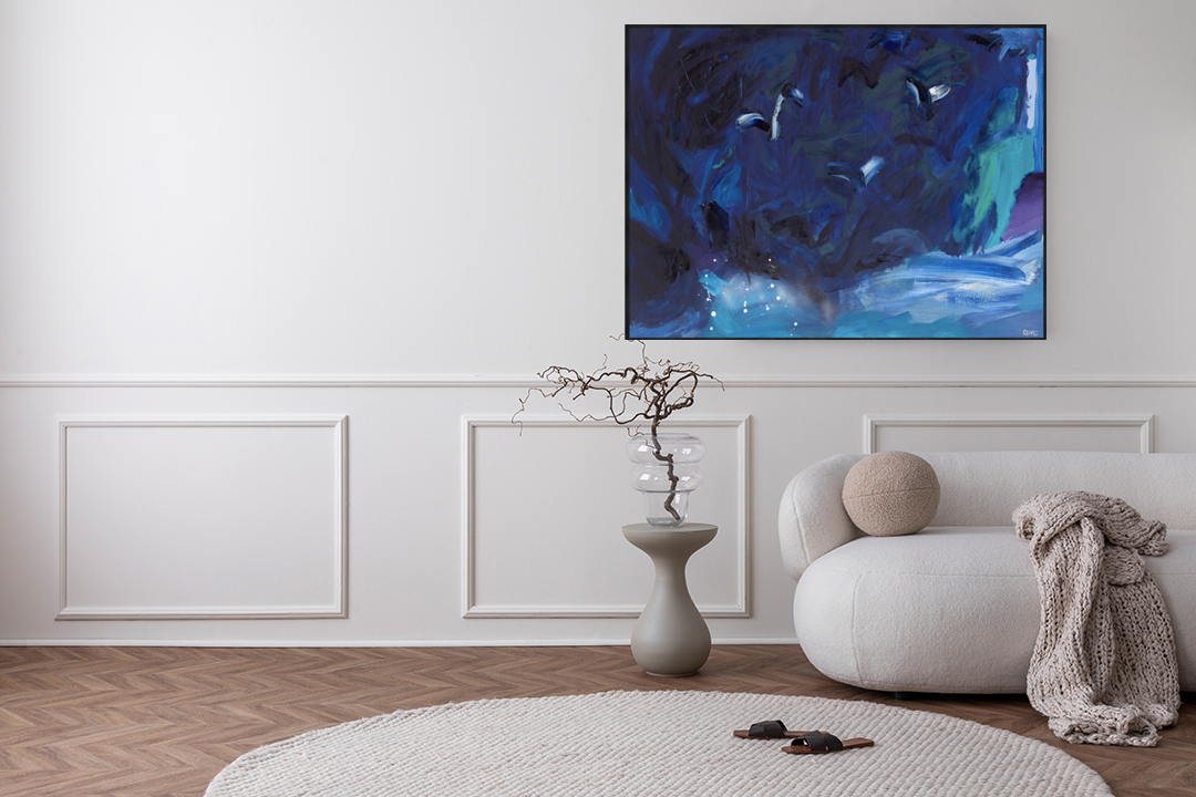 Abstract art. Seascape. Culburra beach. South Coast Australia. Artwork in white lounge room with white lounge. Modern house. Interior design. Home decor. White round rug.