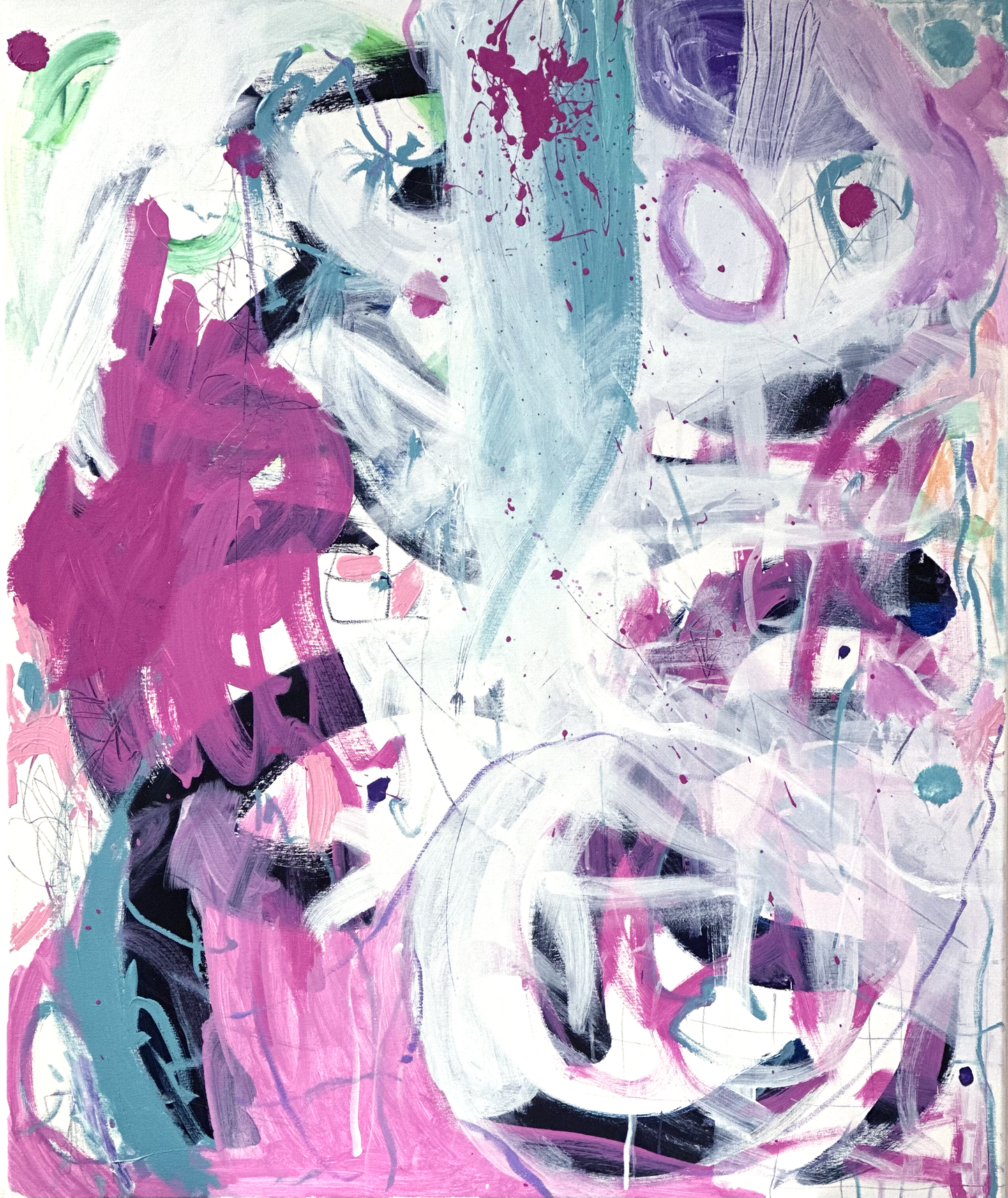 Abstract art work. Pink art. Green, white, purple and black acyrlic paint. Abstract expressionist art. Abstract pink and green painting. Large abstract artwork australia. Contemporary abstract art. Abstract wall art.