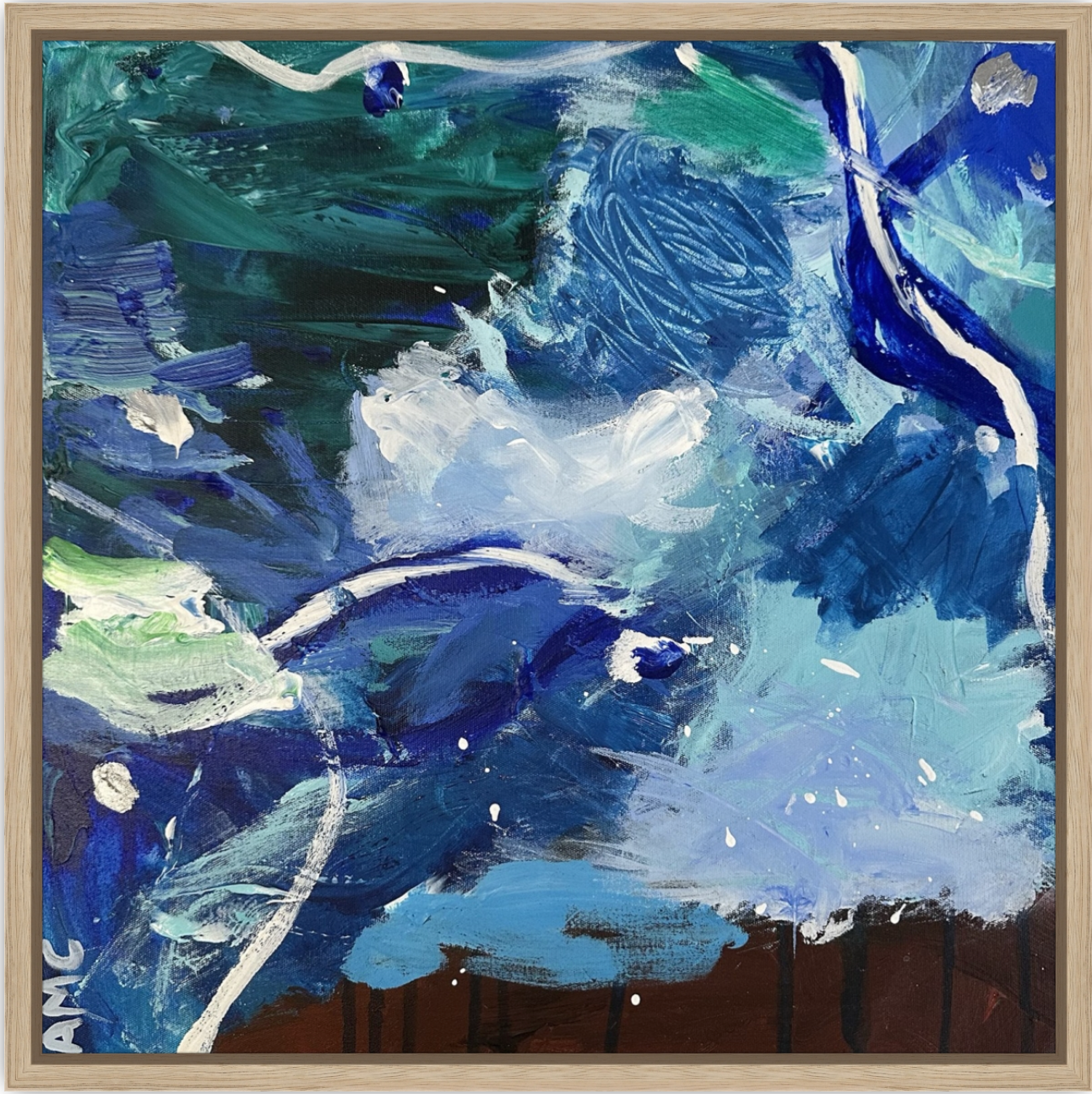 Blue, green and white abstract artwork. Abstract landscape. Seascape. Fairy Bower Sea. Manly beach. Interior design. On trend art. Home decor. Framed small artwork